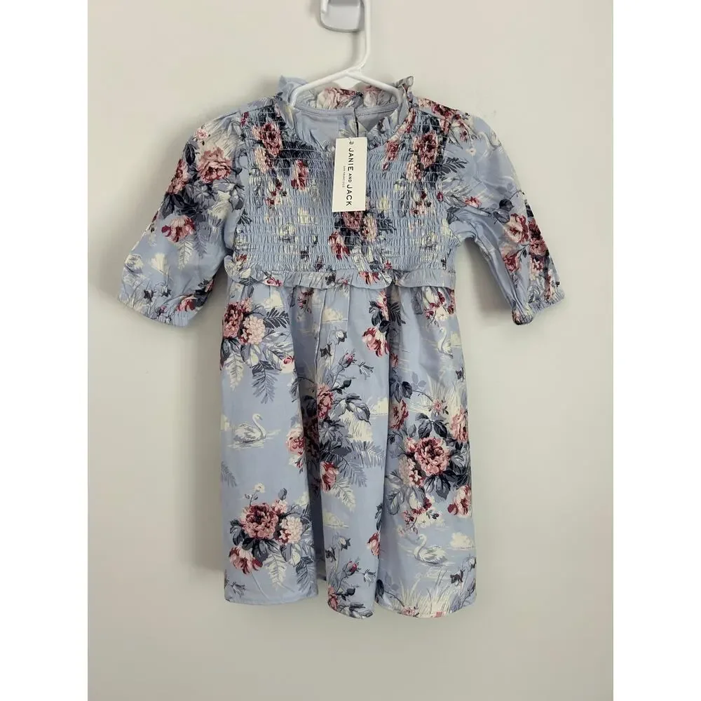 Janie and Jack Girl's 2T Pale Blue Swan Floral The Sylvie Smocked Dress NWT